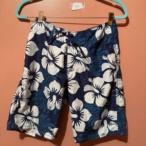 H&M Boys Swim Trunks Shorts 12-14 Blue White Hawaiian Hibiscus Flower Swimwear